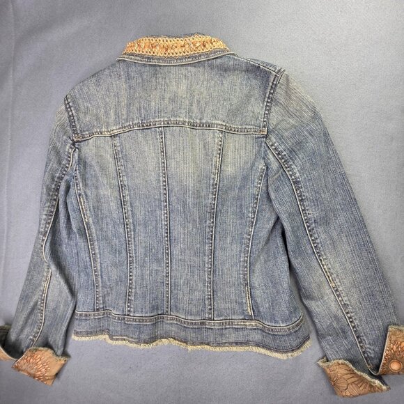 Elie Tahari Denim Jean Jacket Women Small Blue Distressed Embellished Lined Boho - Picture 8 of 13